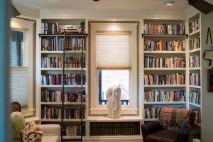 built-in custom bookshelves make the space